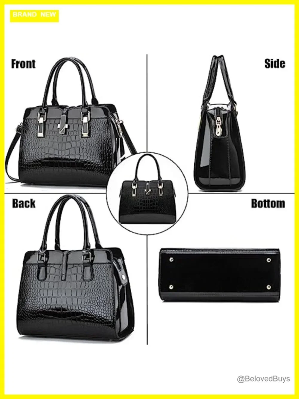 Patent Leather Satchel Handbag Women Tote Crocodile Pattern Top-Handle Shoulder
